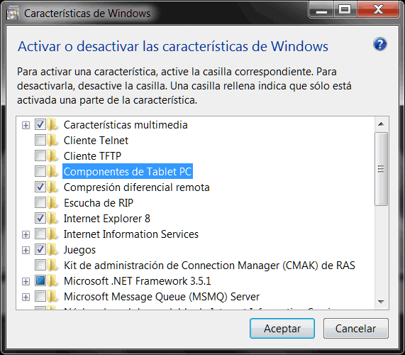 Activar o desactivar características de Windows