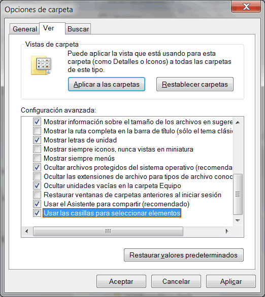 Opciones de carpeta