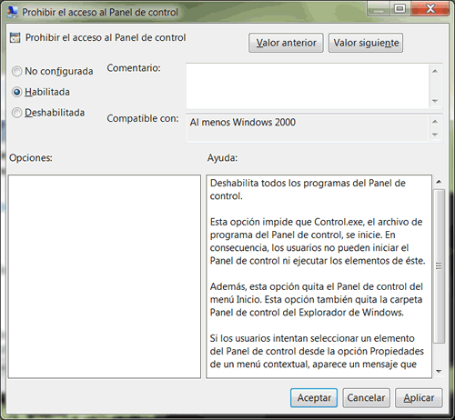Prohibir acceso al Panel de control